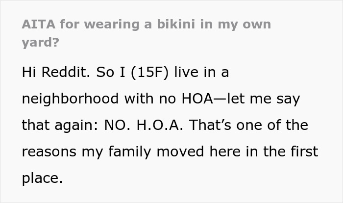 A teenage girl wearing a bikini in her own yard, discussing neighborhood rules and personal freedom. A teenage girl wearing a bikini in her own yard, discussing neighborhood rules and personal freedom.