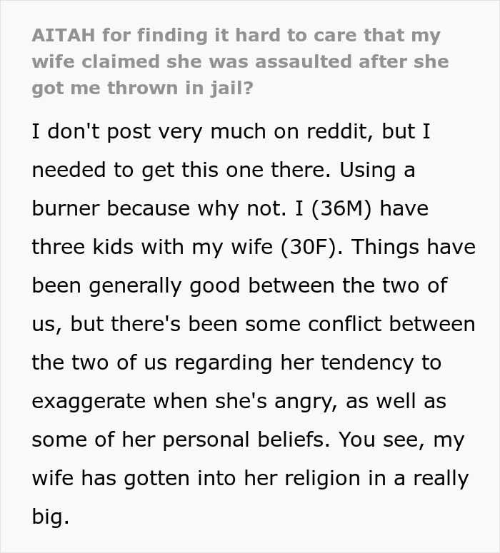 Text post discussing a husband’s experience with wife accusing him of domestic violence and impact on his empathy. Text post discussing a husband’s experience with wife accusing him of domestic violence and impact on his empathy.