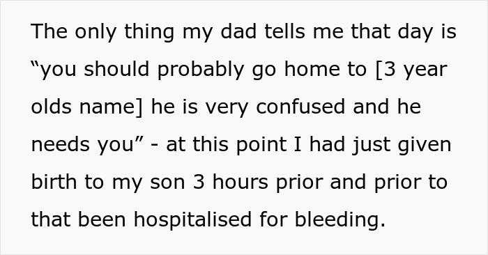 Text excerpt about a woman appalled by dad’s reaction after giving birth to his dead grandchild, sharing her experience. Text excerpt about a woman appalled by dad’s reaction after giving birth to his dead grandchild, sharing her experience.