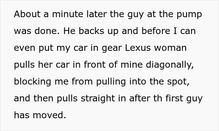 Lexus woman blocks air pump line, skips the queue, then gets trapped between curbs facing petty justice consequences.
