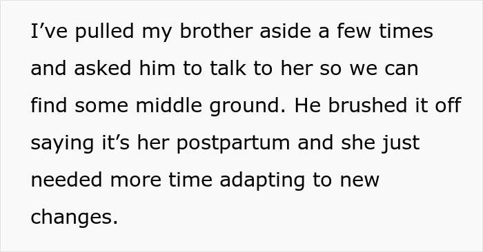 Text on a white background about discussing postpartum challenges with a brother to find middle ground involving triplets. Text on a white background about discussing postpartum challenges with a brother to find middle ground involving triplets.