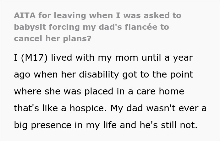 Text excerpt discussing a teen’s experience with dad’s babysitting demands and family care challenges. Text excerpt discussing a teen’s experience with dad’s babysitting demands and family care challenges.