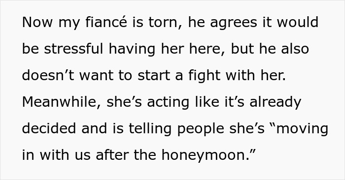 Text excerpt showing a woman facing backlash before marriage over saying no to future MIL’s temporary stay. Text excerpt showing a woman facing backlash before marriage over saying no to future MIL’s temporary stay.