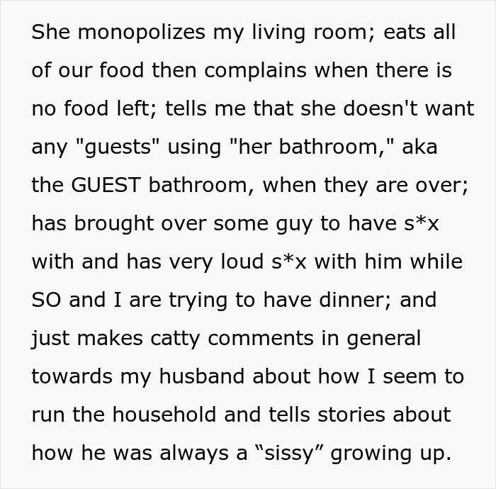 Text describing a lady causing conflict to frame sister-in-law and turn brother against his wife, shocking the couple.