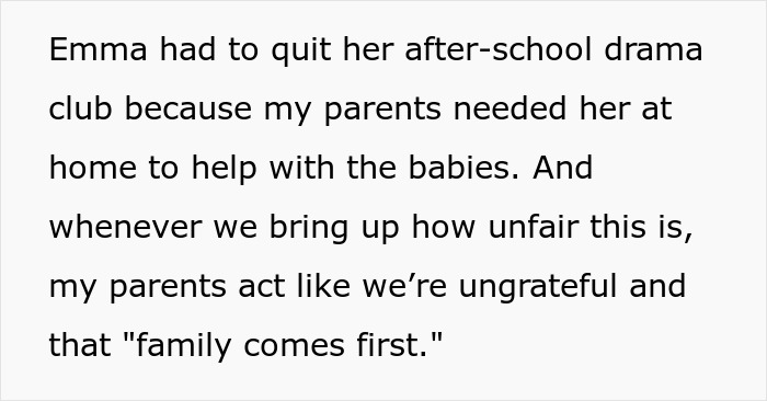 Text discussing a 16-year-old twins missing out on teenage life due to parents always expecting them to babysit six kids. Text discussing a 16-year-old twins missing out on teenage life due to parents always expecting them to babysit six kids.