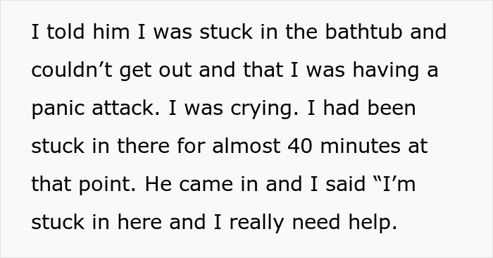 Heavily pregnant woman stuck in bathtub, experiencing panic attack, calls for help while partner shows anger. Heavily pregnant woman stuck in bathtub, experiencing panic attack, calls for help while partner shows anger.