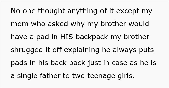 Text excerpt describing a single father carrying pads for his teenage daughters and facing criticism from his mother.