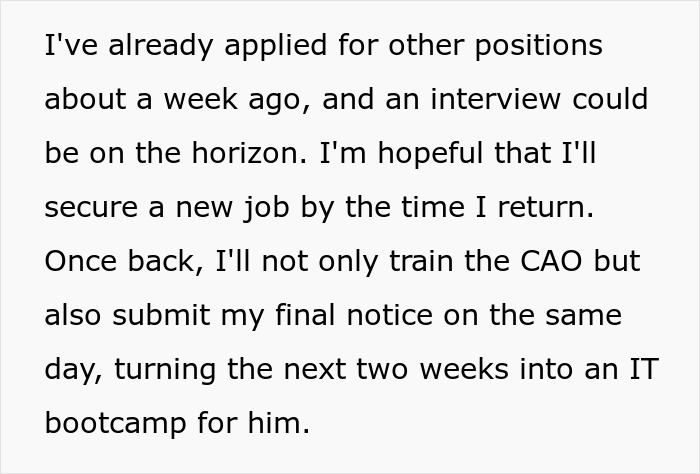 Text showing an employee planning to train a colleague before submitting a two weeks notice as a work departure strategy. Text showing an employee planning to train a colleague before submitting a two weeks notice as a work departure strategy.