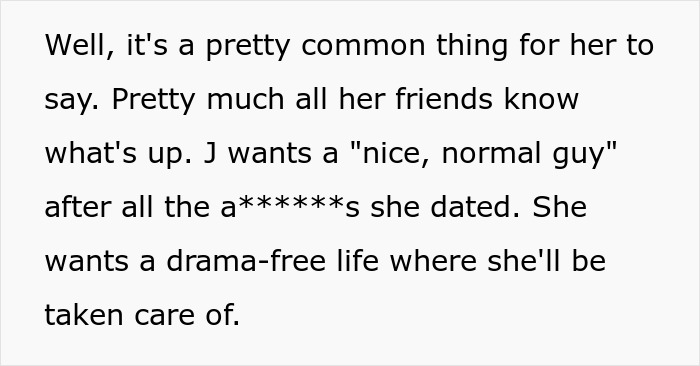 Text excerpt discussing a fiance in a destitute relationship wanting a drama-free life with a nice, normal partner. Text excerpt discussing a fiance in a destitute relationship wanting a drama-free life with a nice, normal partner.