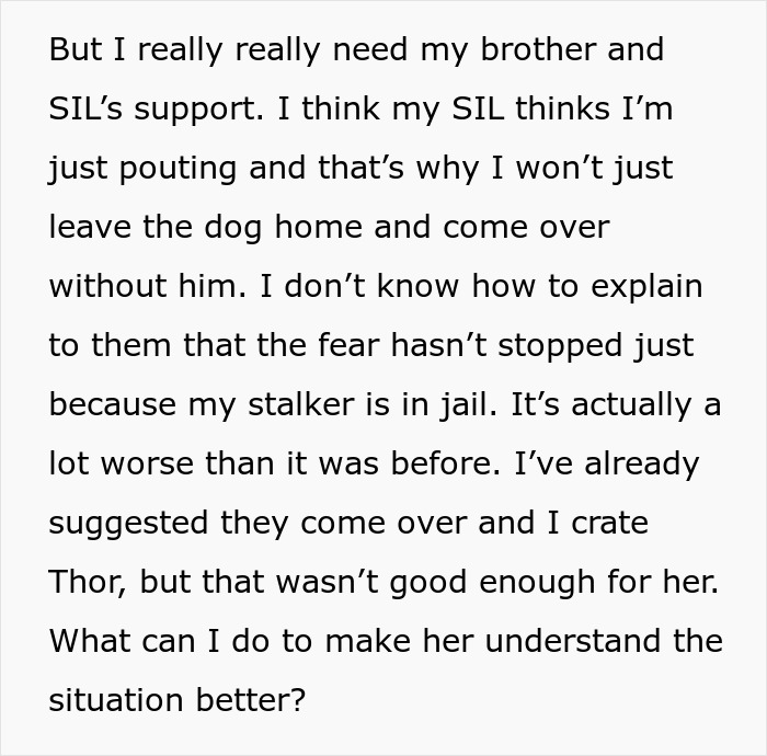 Alt text: Close-up of text discussing fear of dog attacks and concerns about safety with a stalker involved. Alt text: Close-up of text discussing fear of dog attacks and concerns about safety with a stalker involved.