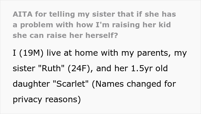 Text excerpt showing a 19-year-old male raising his sister’s 1.5-year-old daughter and family conflict about feeding choices. Text excerpt showing a 19-year-old male raising his sister’s 1.5-year-old daughter and family conflict about feeding choices.