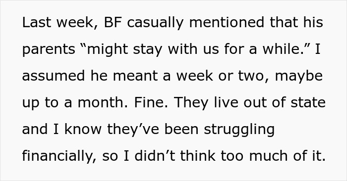 Text excerpt about a man secretly inviting his parents to stay, causing tension with his girlfriend. Text excerpt about a man secretly inviting his parents to stay, causing tension with his girlfriend.