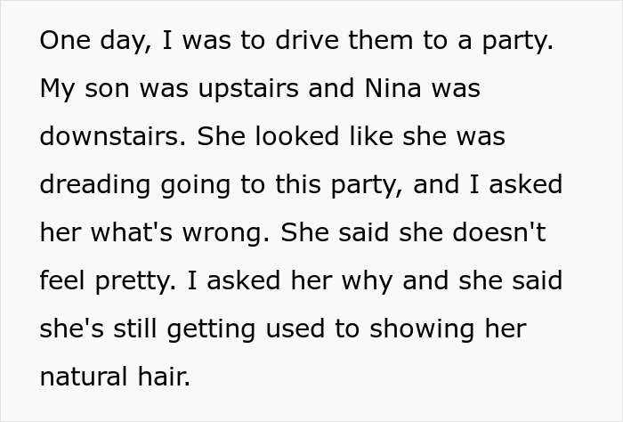 Text describing a mother and son discussing the son's Black girlfriend feeling uncomfortable about her natural hair. Text describing a mother and son discussing the son's Black girlfriend feeling uncomfortable about her natural hair.