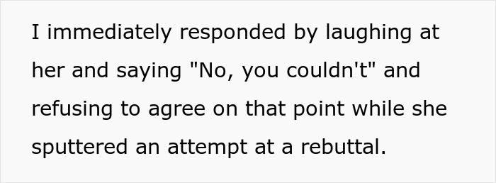 Text excerpt showing a conversation where a woman laughs and refuses to agree during a babysitter wage debate with a sibling. Text excerpt showing a conversation where a woman laughs and refuses to agree during a babysitter wage debate with a sibling.