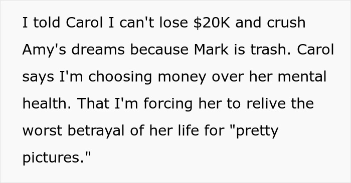 Text showing a woman refusing to cancel her daughter's dream wedding venue despite her sister’s cheating ex causing conflict. Text showing a woman refusing to cancel her daughter's dream wedding venue despite her sister’s cheating ex causing conflict.