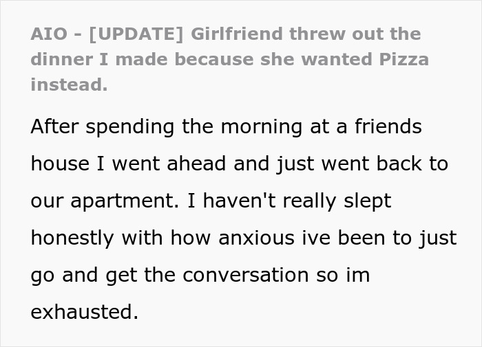 Angry woman reacts after boyfriend dumps her for throwing away the dinner he made, causing a heated breakup.