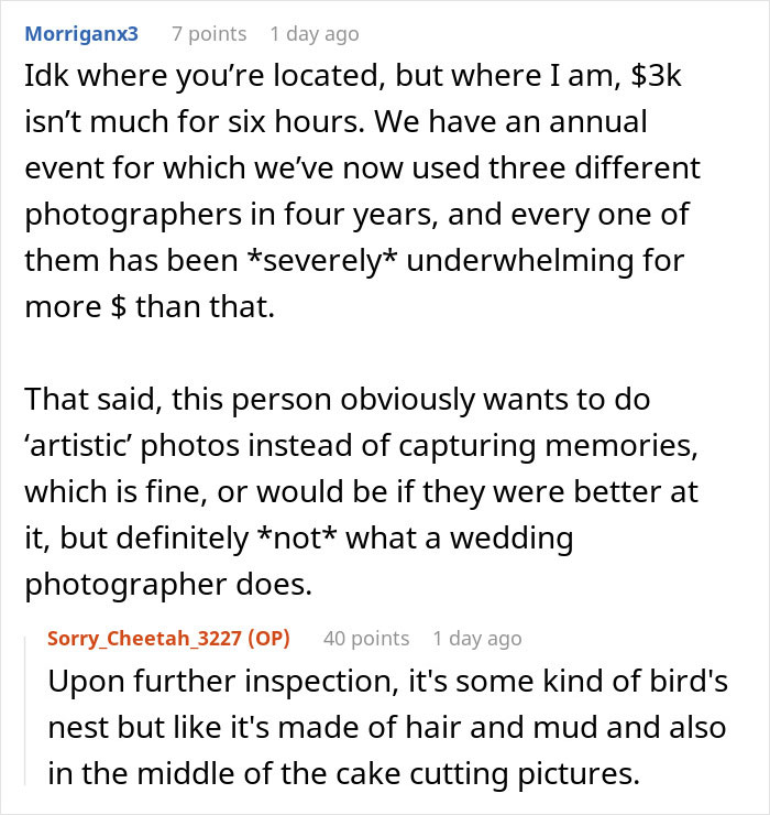 Reddit discussion about a $3K wedding photographer&rsquo;s work quality versus a dog with a GoPro capturing wedding moments.