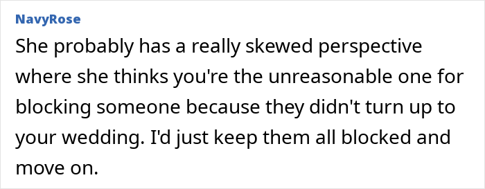 Screenshot of a forum comment discussing a woman who suddenly becomes flaky and misses her friend’s wedding, sending a malicious voicemail. Screenshot of a forum comment discussing a woman who suddenly becomes flaky and misses her friend’s wedding, sending a malicious voicemail.
