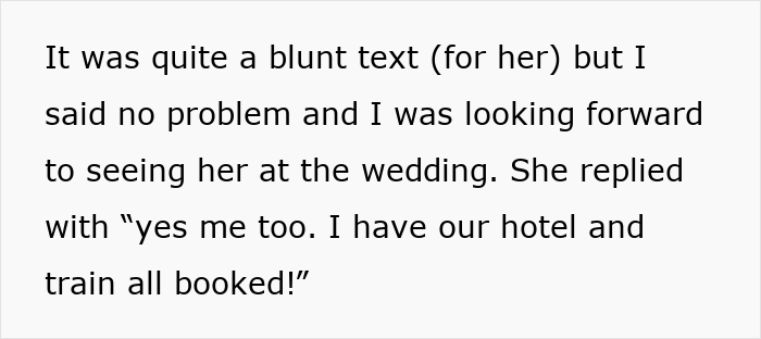 Text excerpt showing a woman’s blunt message about looking forward to a friend’s wedding before she suddenly turns flaky. Text excerpt showing a woman’s blunt message about looking forward to a friend’s wedding before she suddenly turns flaky.