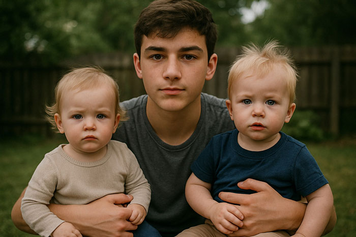 Teenage boy babysitting two younger siblings outdoors, showing frustration from being forced to care for multiple kids. Teenage boy babysitting two younger siblings outdoors, showing frustration from being forced to care for multiple kids.