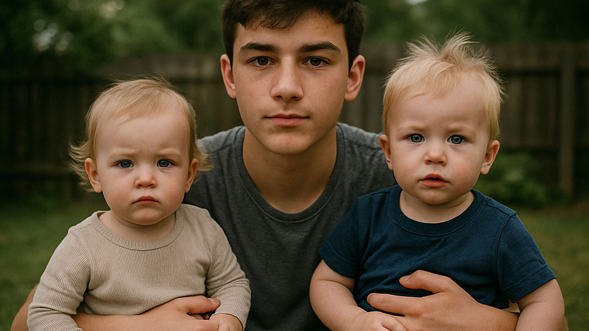 Teen boy babysitting two younger siblings outdoors, showing signs of frustration and exhaustion from forced childcare.