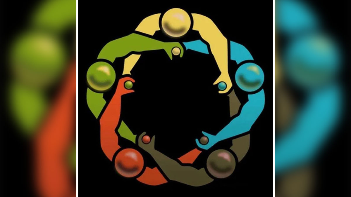 Abstract design fail showing six colorful figures holding their own hands in a circular pattern against black background
