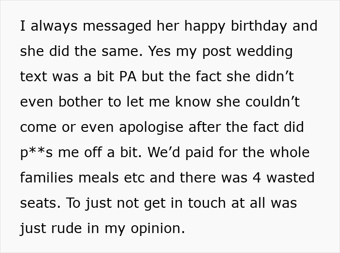 Alt text: Text message showing frustration over a woman suddenly turning flaky, missing a friend's wedding, and sending a malicious voicemail. Alt text: Text message showing frustration over a woman suddenly turning flaky, missing a friend's wedding, and sending a malicious voicemail.