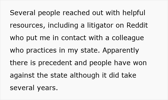 Text excerpt discussing a man wrongfully jailed and people offering legal resources including a litigator on Reddit. Text excerpt discussing a man wrongfully jailed and people offering legal resources including a litigator on Reddit.