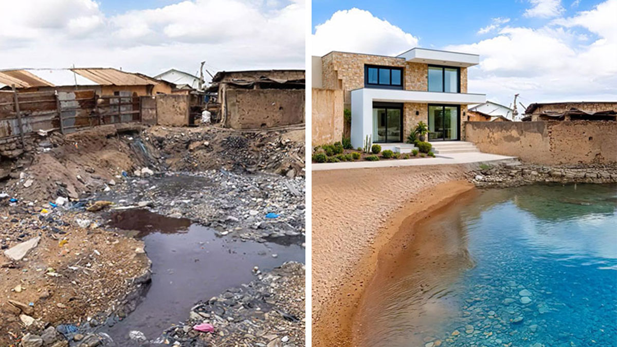 Before-and-after photos showing abandoned buildings transformed into modern homes with clean surroundings and water features.