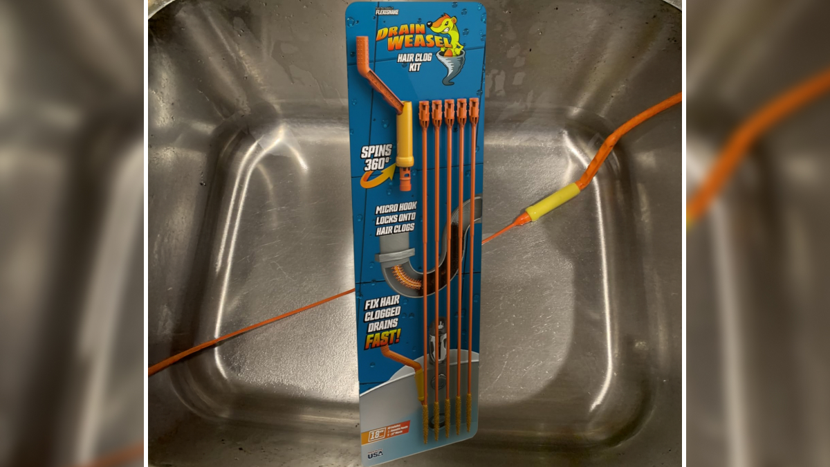 Drain Weasel hair clog kit displayed in a kitchen sink, designed for easy removal of hair clogs and cleaning drains fast.