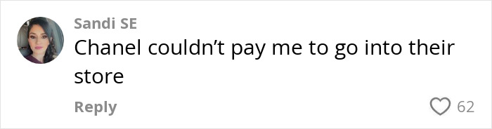 Comment from Sandi SE criticizing Chanel after Jennifer Lopez’s entry denial and Bethenny Frankel’s brand rejection response. Comment from Sandi SE criticizing Chanel after Jennifer Lopez’s entry denial and Bethenny Frankel’s brand rejection response.