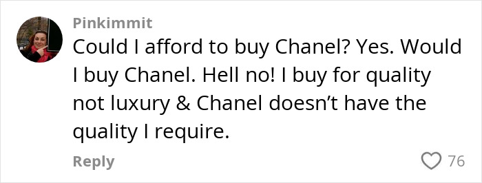 Screenshot of a social media comment rejecting Chanel for quality, related to Bethenny Frankel blasting the brand. Screenshot of a social media comment rejecting Chanel for quality, related to Bethenny Frankel blasting the brand.