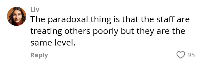 Comment from user Liv discussing staff behavior and treatment of others in a social media post about Chanel rejection controversy. Comment from user Liv discussing staff behavior and treatment of others in a social media post about Chanel rejection controversy.
