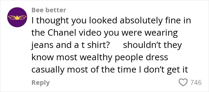 Comment criticizing Chanel for casual dress code, relating to Jennifer Lopez and Bethenny Frankel store rejections. Comment criticizing Chanel for casual dress code, relating to Jennifer Lopez and Bethenny Frankel store rejections.