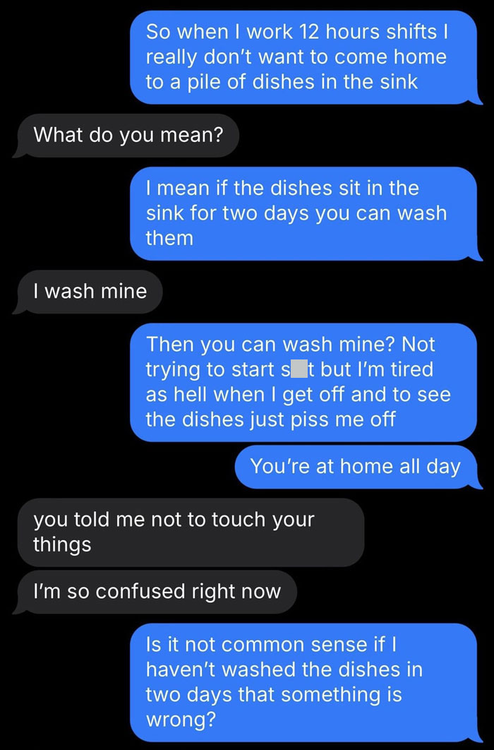 Text message conversation showing boyfriend ordering roommate to do chores, highlighting BF treating roomie like the help.