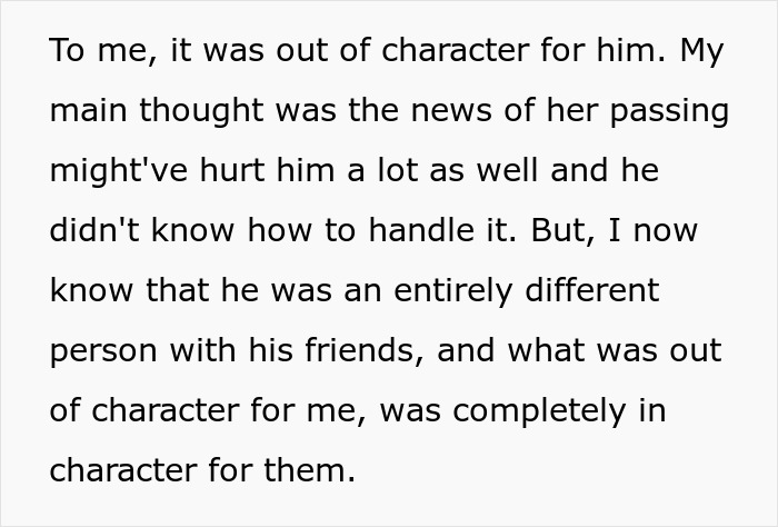 Text about a woman facing heartbreak as her mother’s death reveals her boyfriend’s true character and behavior with friends.