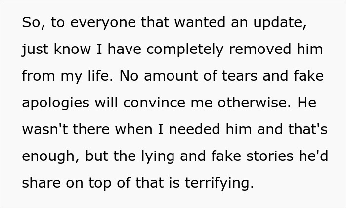 Text from a woman's message explaining she removed her boyfriend from her life after her mother's death revealed his true character.