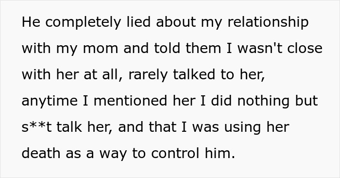Text excerpt about a woman’s boyfriend lying about her relationship with her mother, revealing true character after her mother’s death.