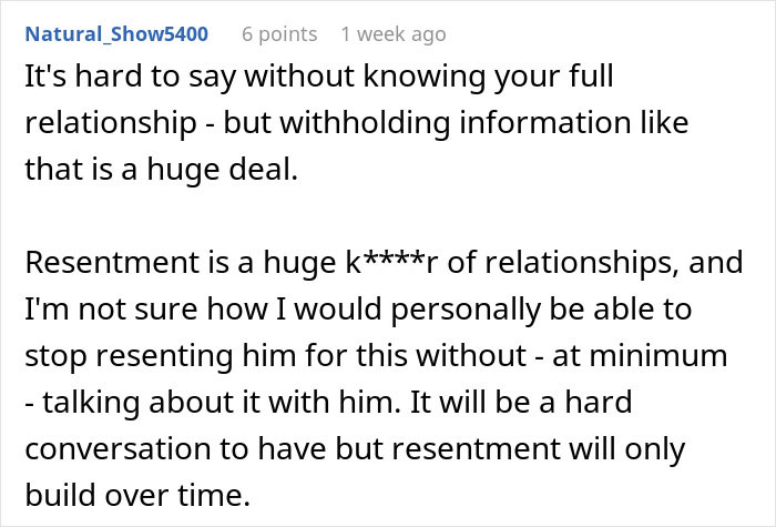 Text comment discussing withholding information and resentment harming relationships, related to HPV and cancer issues. Text comment discussing withholding information and resentment harming relationships, related to HPV and cancer issues.