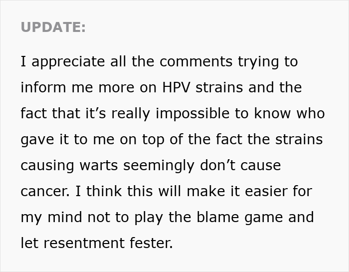 Alt text: Update about HPV strains, cancer risk, and coping with resentment toward healthy boyfriend with past HPV history. Alt text: Update about HPV strains, cancer risk, and coping with resentment toward healthy boyfriend with past HPV history.