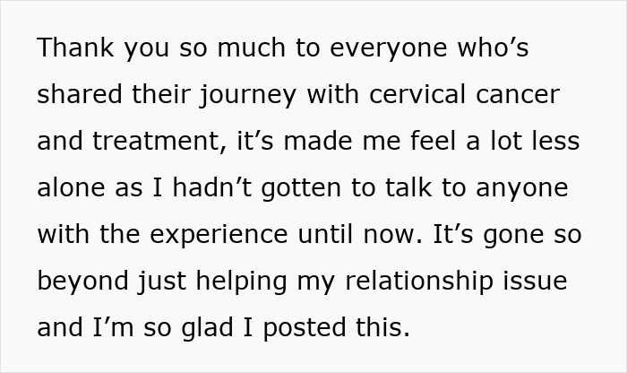 Text expressing gratitude to those who shared their cervical cancer and treatment experiences, easing relationship struggles. Text expressing gratitude to those who shared their cervical cancer and treatment experiences, easing relationship struggles.