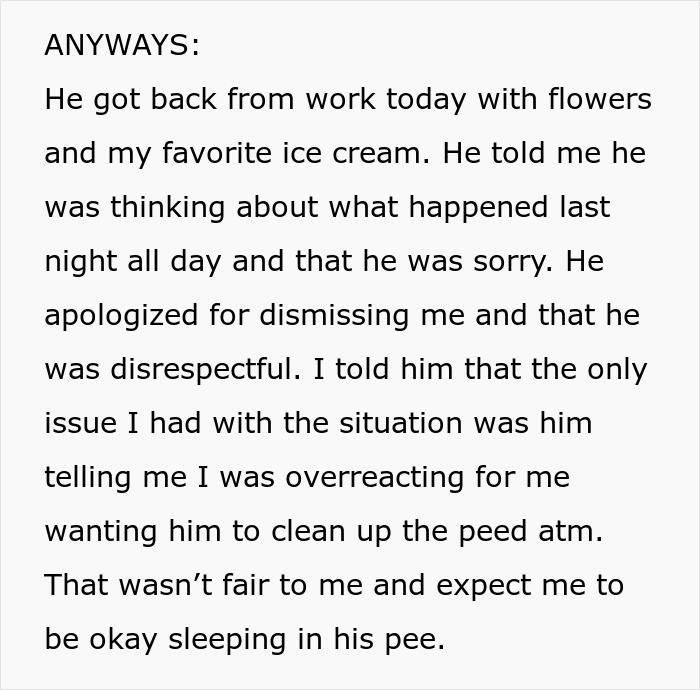 Text excerpt about a man wetting the bed and his partner expressing frustration over him not cleaning it up.