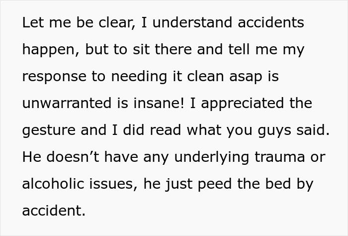 Text excerpt discussing a man who wets the bed by accident and the need for cleaning, with no underlying trauma.