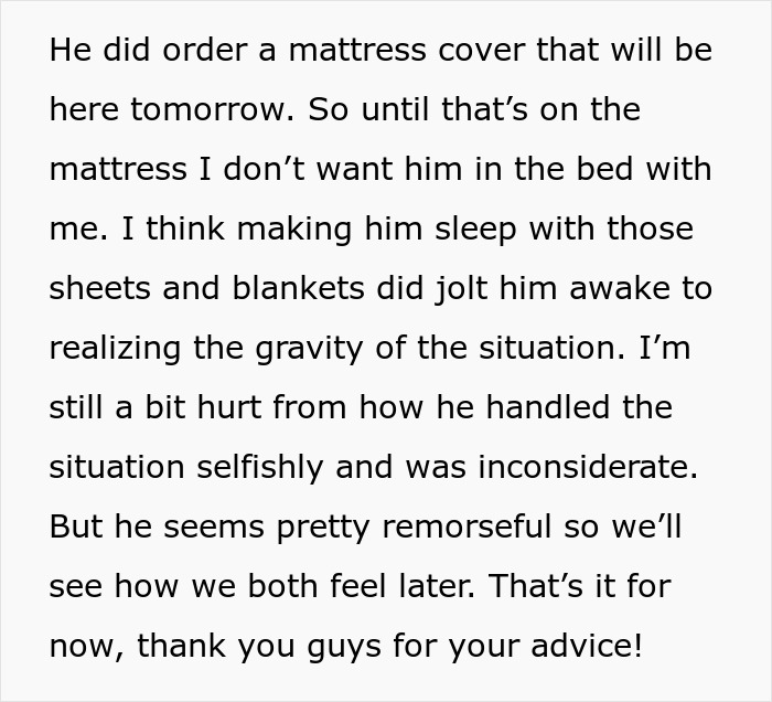 Man wets the bed and orders a mattress cover, showing mixed feelings about the situation and seeking advice.