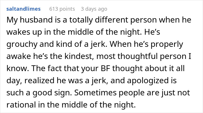Reddit user shares story about husband’s nighttime behavior, highlighting maturity and emotional growth in relationships.