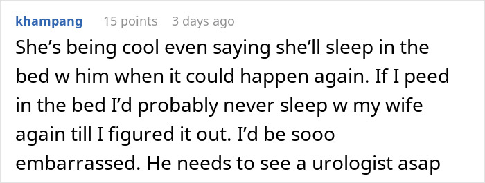 Screenshot of an online comment discussing a man who wets the bed and doesn’t think it’s a big deal.
