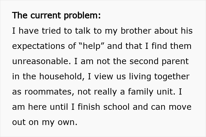 Text excerpt from a guy accusing sister of being distant after she refuses childcare duties in a family conflict. Text excerpt from a guy accusing sister of being distant after she refuses childcare duties in a family conflict.