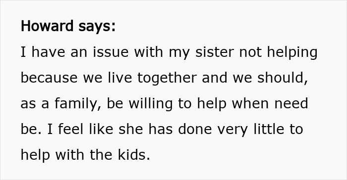 Text excerpt showing a man accusing his sister of being a stranger to his kids after refusing childcare duties. Text excerpt showing a man accusing his sister of being a stranger to his kids after refusing childcare duties.