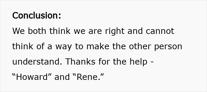 Text excerpt showing a conclusion about a disagreement, related to accusations of being a stranger to kids after refusing childcare duties. Text excerpt showing a conclusion about a disagreement, related to accusations of being a stranger to kids after refusing childcare duties.