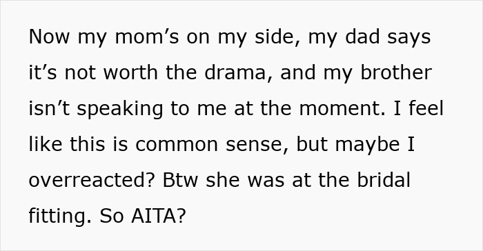 Text excerpt about woman confronting brother’s fiancée over copying her wedding dress and family drama. Text excerpt about woman confronting brother’s fiancée over copying her wedding dress and family drama.